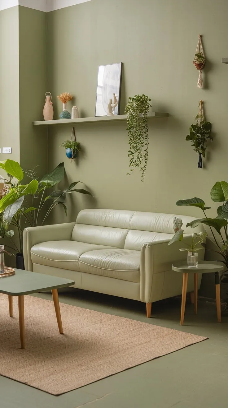 This sage green living room, adorned with a beige sofa and lush plants, offers stunning living room decor inspiration and a harmonious color palette for modern room color schemes.