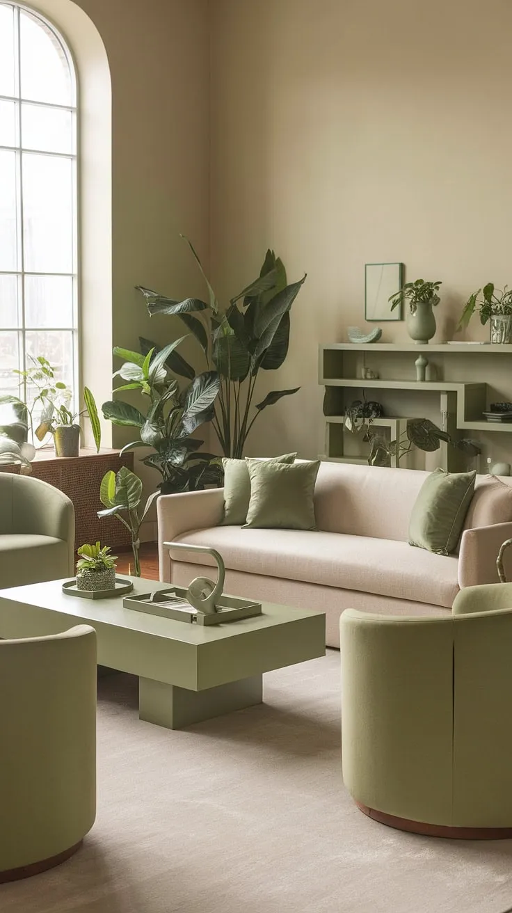 This sage green living room, featuring a beige sofa and green chairs, offers inspiring living room decor ideas with its harmonious color palette and natural light.