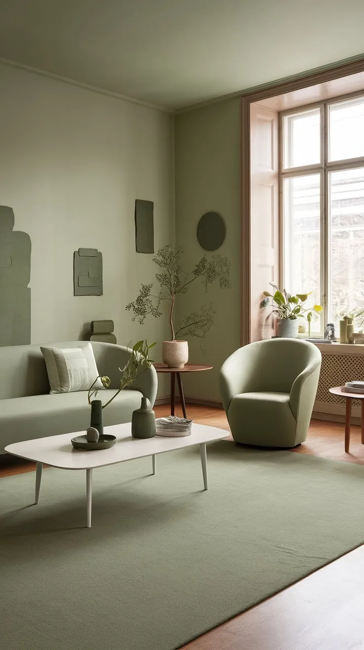 This sage green living room showcases a harmonious color palette with a green sofa, accent chair, and decorative elements, offering inspiring living room decor ideas.