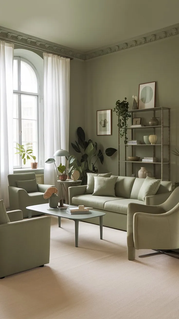 Featuring a soothing blend of green shades, this living room decor inspiration highlights the beauty of a well-coordinated color palette that elevates any space.