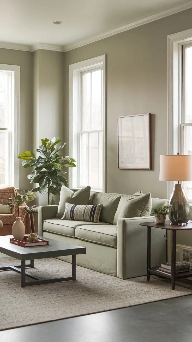 This sage green living room, adorned with cozy decor and a light gray backdrop, offers inspiring color palette ideas for your living room color schemes.