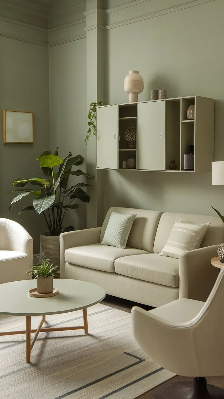 This modern sage green living room showcases a harmonious color palette with a beige sofa, white accents, and stylish decor, offering fresh living room decor inspiration.