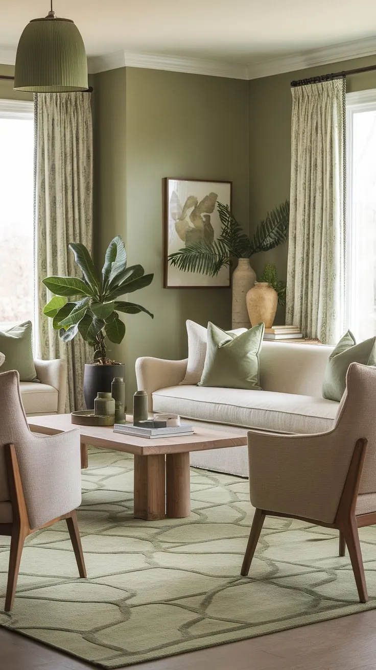 This sage green living room showcases a cozy ambiance with a harmonious color palette, featuring beige furniture and decorative accents that inspire living room decor ideas.