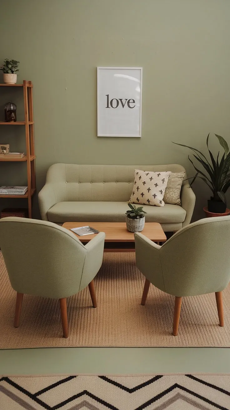 This sage green living room, adorned with beige furniture and natural accents, offers inspiring decor ideas for harmonious color palette living room schemes.