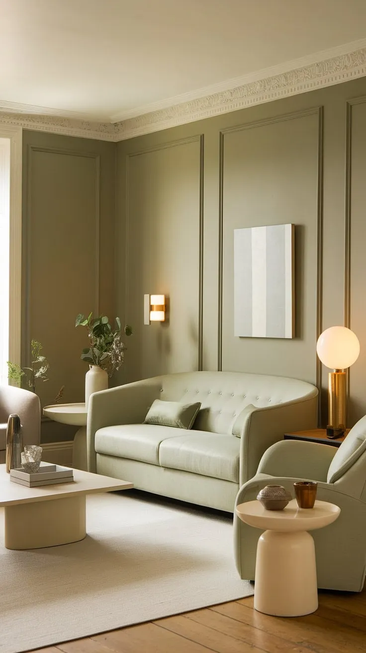 This sage green living room showcases a harmonious color palette with white and beige accents, offering fresh living room decor inspiration for stylish room color schemes.