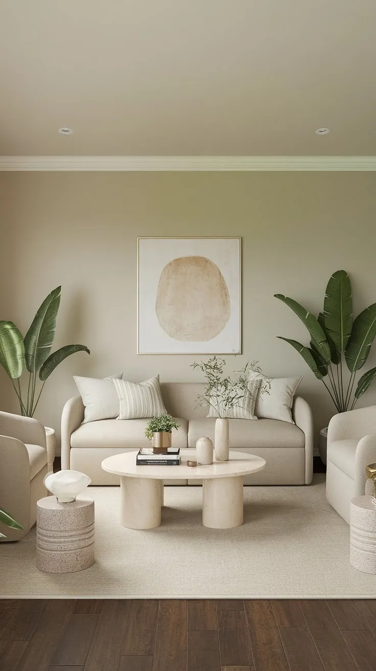 Featuring a light beige color palette with a dark wood floor, this green living room is a perfect example of stylish and inviting room color schemes.