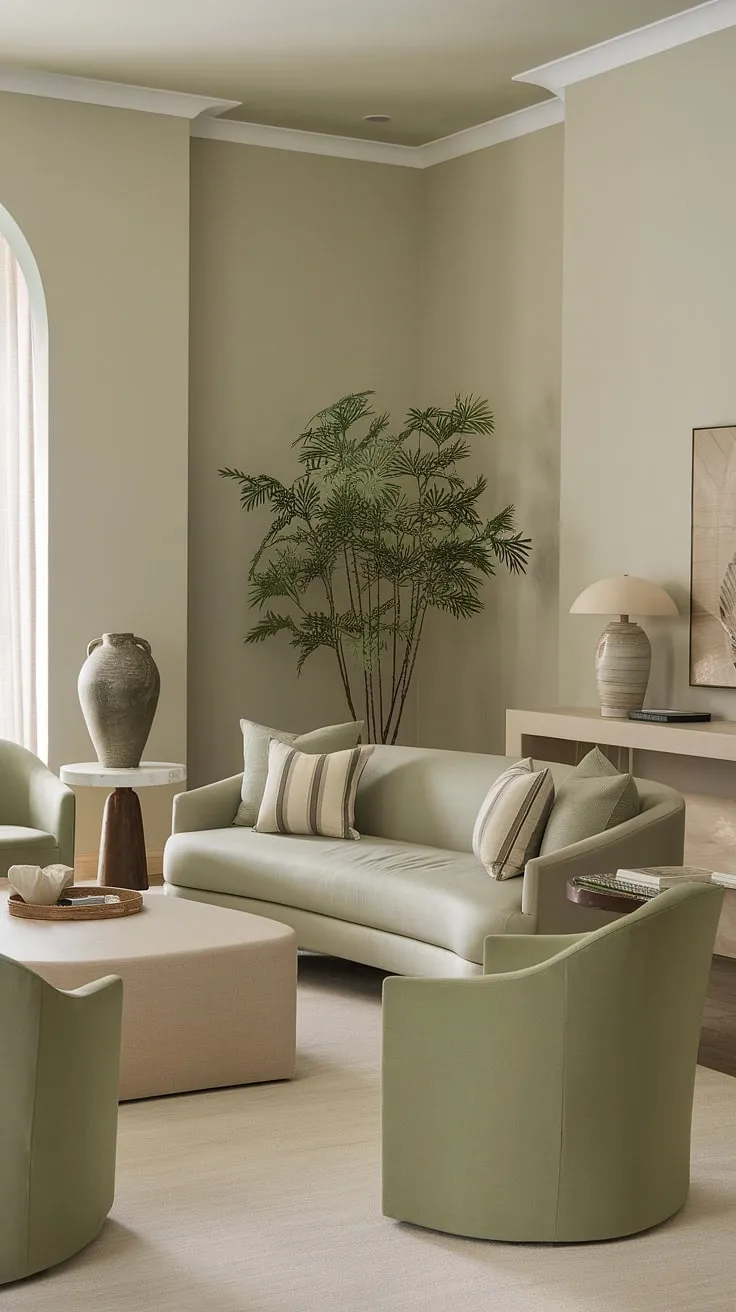 This sage green living room, featuring a beige sofa and green chairs, offers inspiring decor ideas and a harmonious color palette for your living room color schemes.
