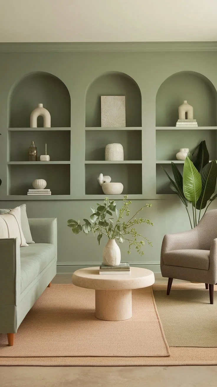 With its soft lighting and elegant furnishings, this sage green living room serves as a perfect example of chic living room decor inspiration and versatile room color schemes.