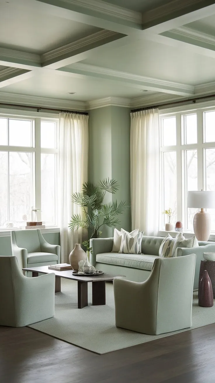 Featuring soft sage walls and dark wood floors, this green living room creates a tranquil atmosphere ideal for any living room color scheme.