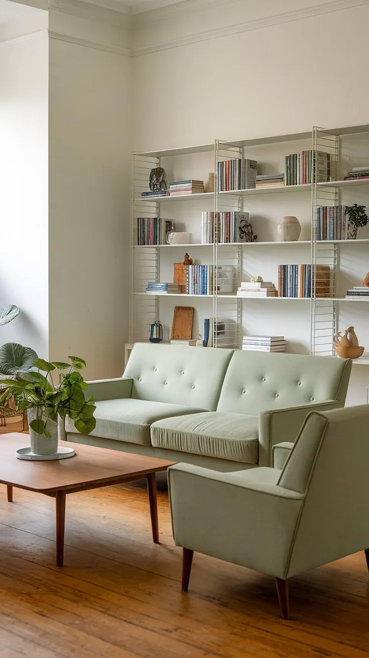 This sage green living room, featuring a matching sofa and chair, offers inspiring living room decor ideas with its harmonious color palette and stylish wooden accents.