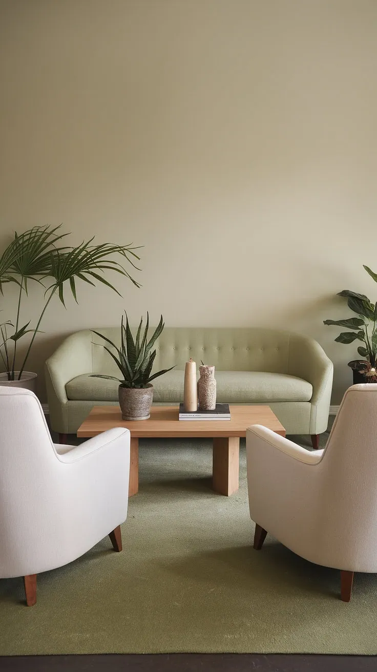 Featuring a stylish blend of sage green and beige, this living room decor inspiration highlights a cozy atmosphere with a wooden coffee table and potted plants, perfect for modern room color schemes.