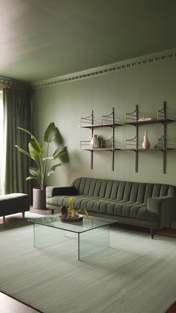 Featuring a soothing sage green backdrop, this living room exemplifies chic decor ideas and versatile color schemes that elevate any space.