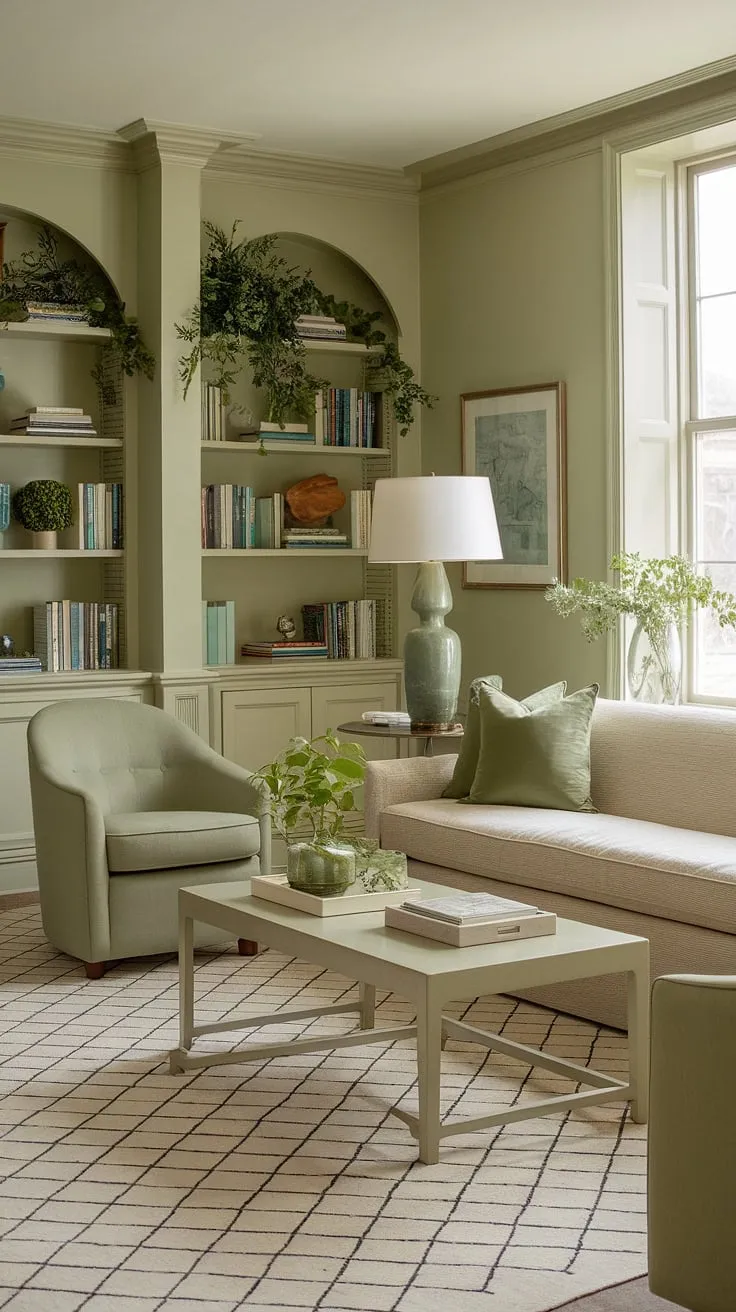 This sage green living room, adorned with a beige geometric rug and cozy furnishings, offers inspiring living room decor ideas and harmonious color palette living room schemes.