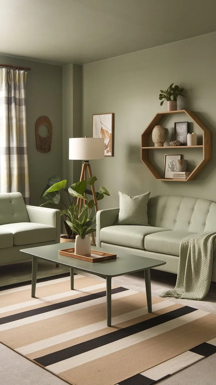 This sage green living room showcases a harmonious color palette with its matching walls, sofa, and furniture, offering fresh living room decor inspiration for stylish room color schemes.