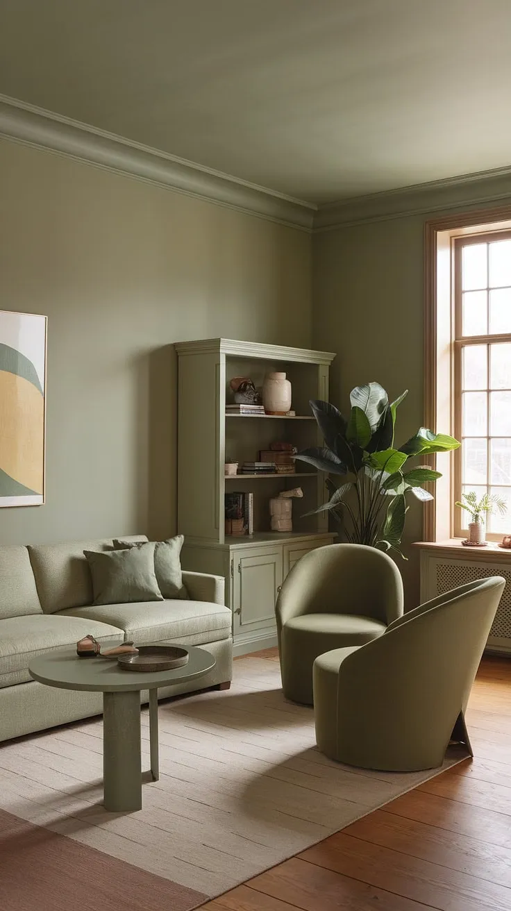 With its soft green walls and wooden floor, this green living room offers a refreshing take on color schemes, perfect for decor inspiration.