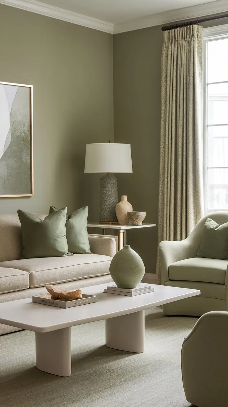 This sage green living room showcases a harmonious color palette with a beige sofa, green pillows, and decorative accents, offering inspiring living room decor ideas.
