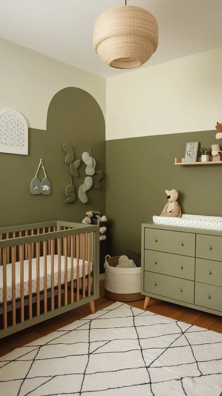The sage green baby nursery showcases olive green furniture and a vibrant accent wall, creating a perfect environment for a boy's first bedroom.