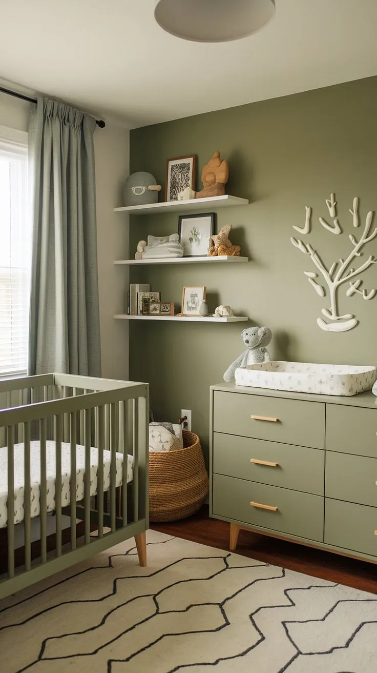 This charming sage green nursery for boys features olive green furniture and a stylish accent wall, making it a perfect inspiration for a sage green baby nursery.