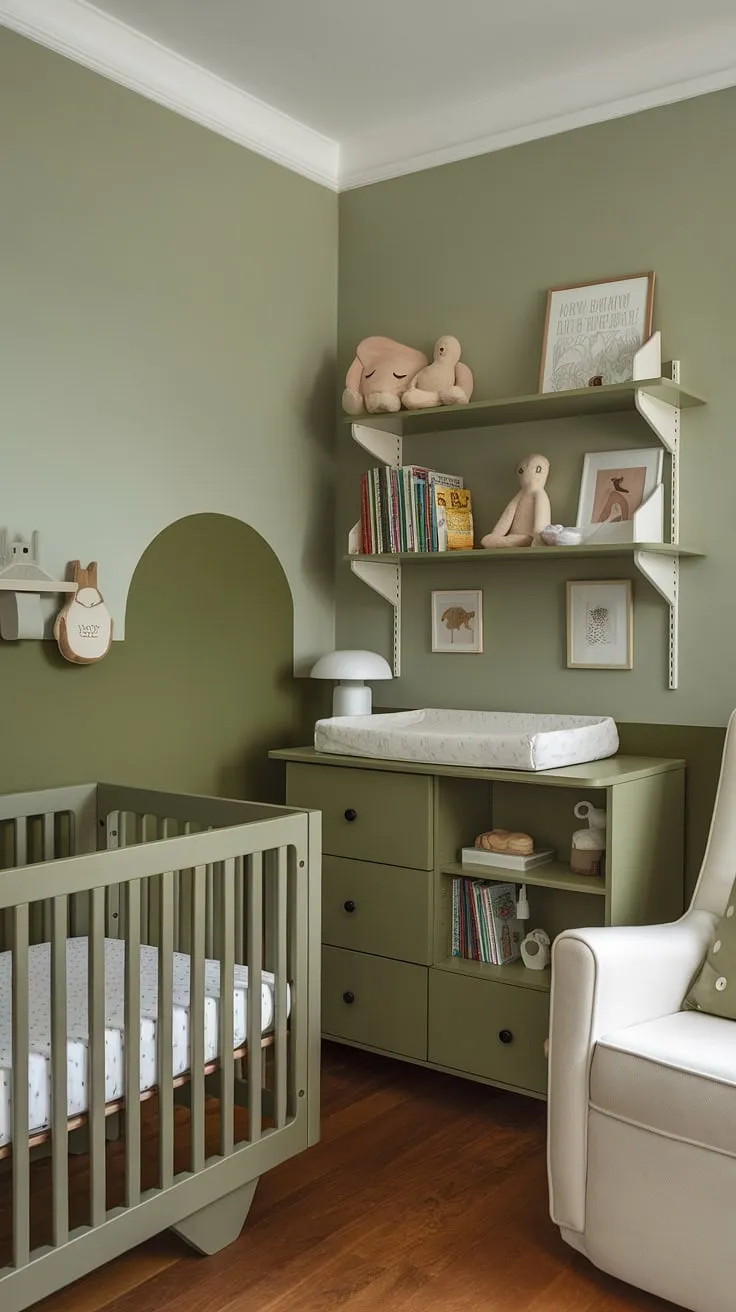 With its soothing sage green walls, olive green nursery furniture, and thoughtful decor, this green boys nursery offers delightful inspiration for a sage green kids bedroom.