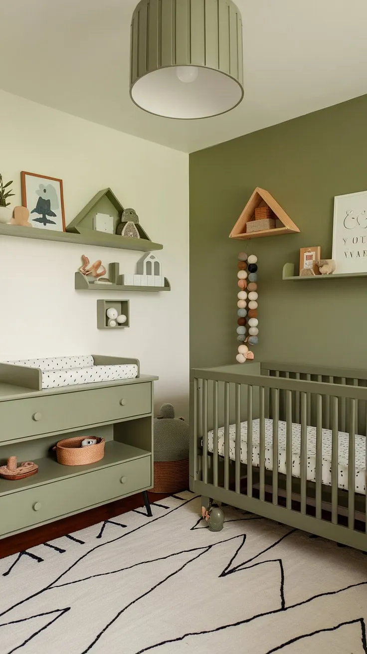 The inviting sage green baby nursery showcases olive green furniture and a green accent wall, creating a cozy space filled with inspiring newborn bedroom ideas for boys.