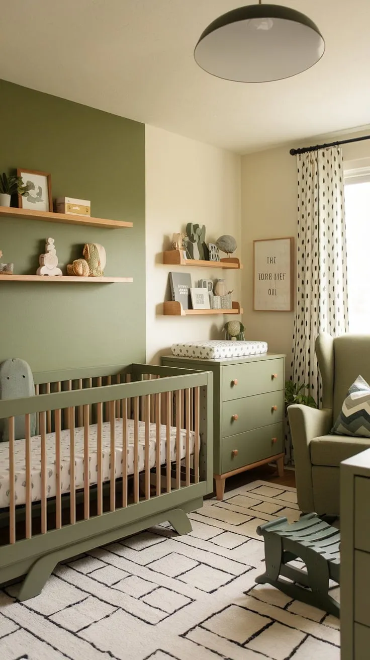 The sage green baby nursery showcases olive green furniture and a green accent wall, making it an ideal choice for a boy's bedroom filled with delightful newborn ideas.