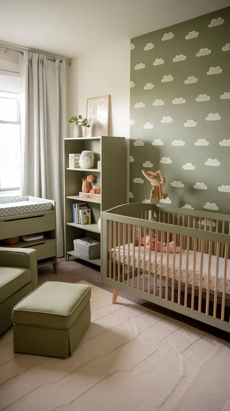 This charming sage green nursery features olive green furniture, a patterned green accent wall, and cozy decor, making it an ideal space for a baby boy.