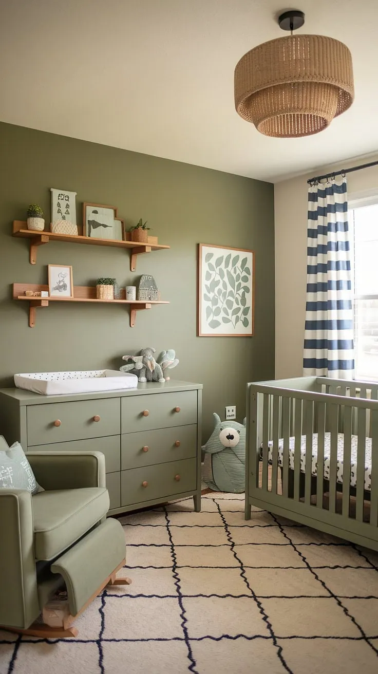 This charming sage green nursery for boys features olive green furniture, a stylish accent wall, and thoughtful newborn bedroom ideas that create a cozy space for your little one.