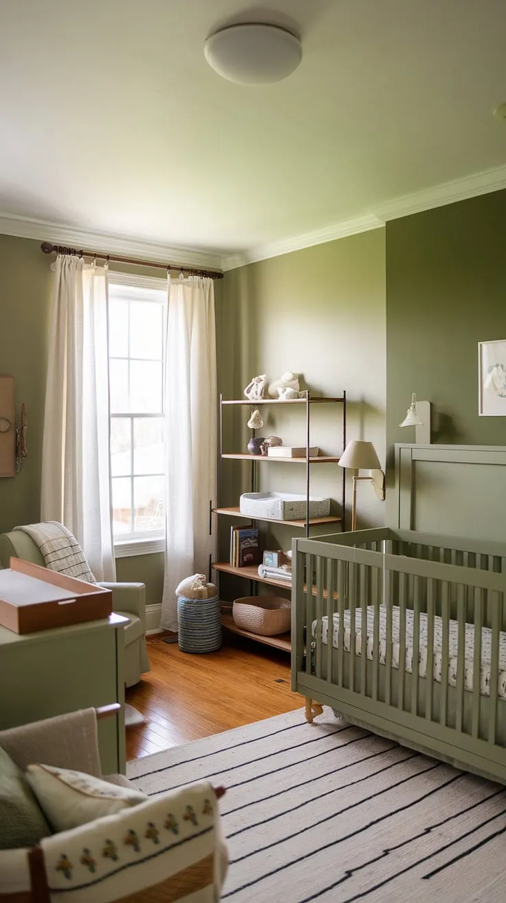 With its warm ambiance and thoughtful design, this sage green kids bedroom showcases olive green nursery furniture and a beautiful green accent wall, perfect for creating a delightful green boys nursery.