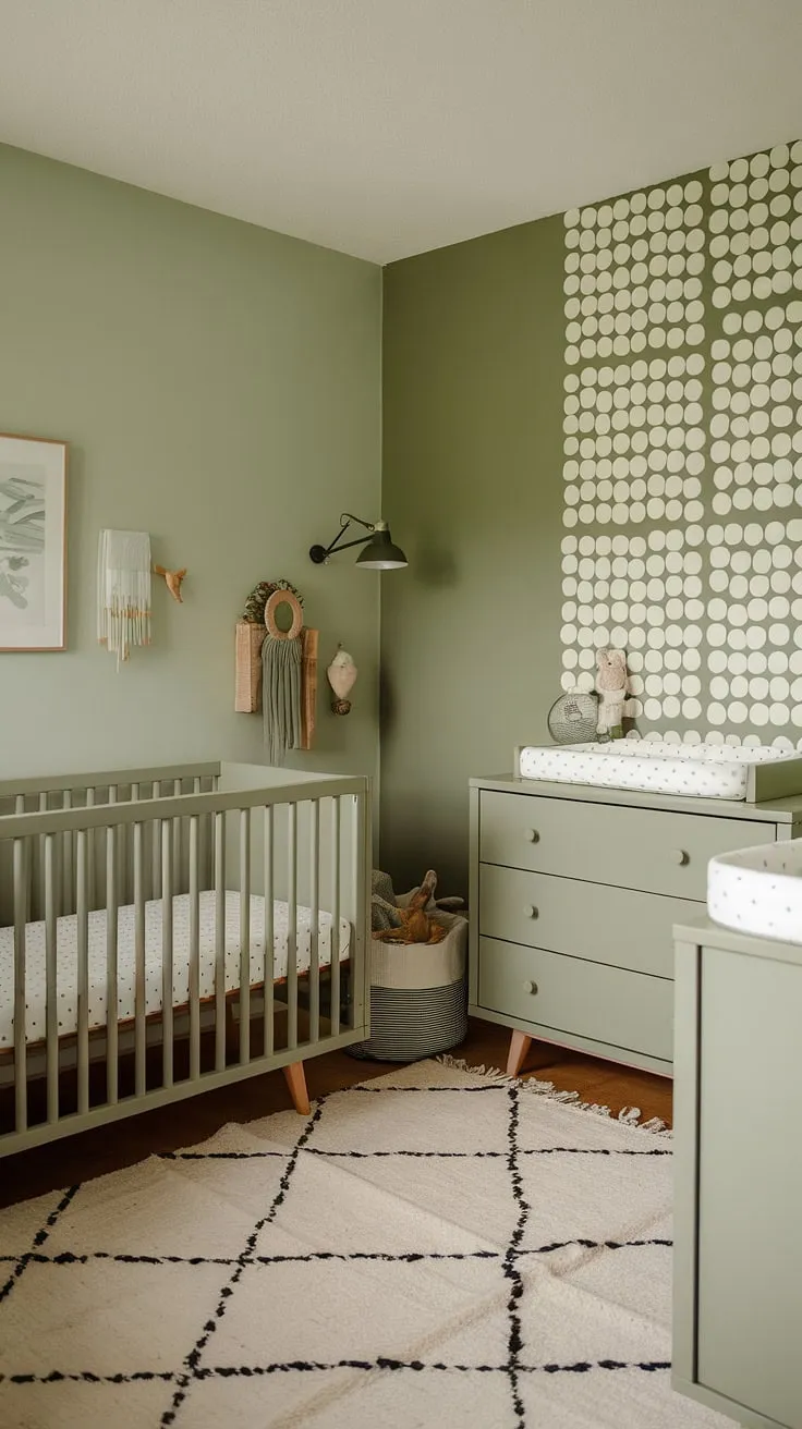 The calming atmosphere of this sage green baby nursery, with olive green furniture and a stylish accent wall, makes it an ideal choice for a green boys nursery.