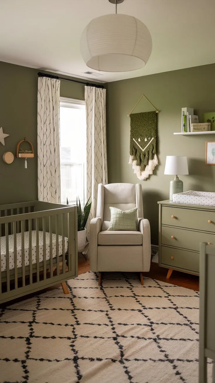 The stylish sage green baby nursery showcases olive green furniture and a green accent wall, perfect for inspiring green boys nursery designs.