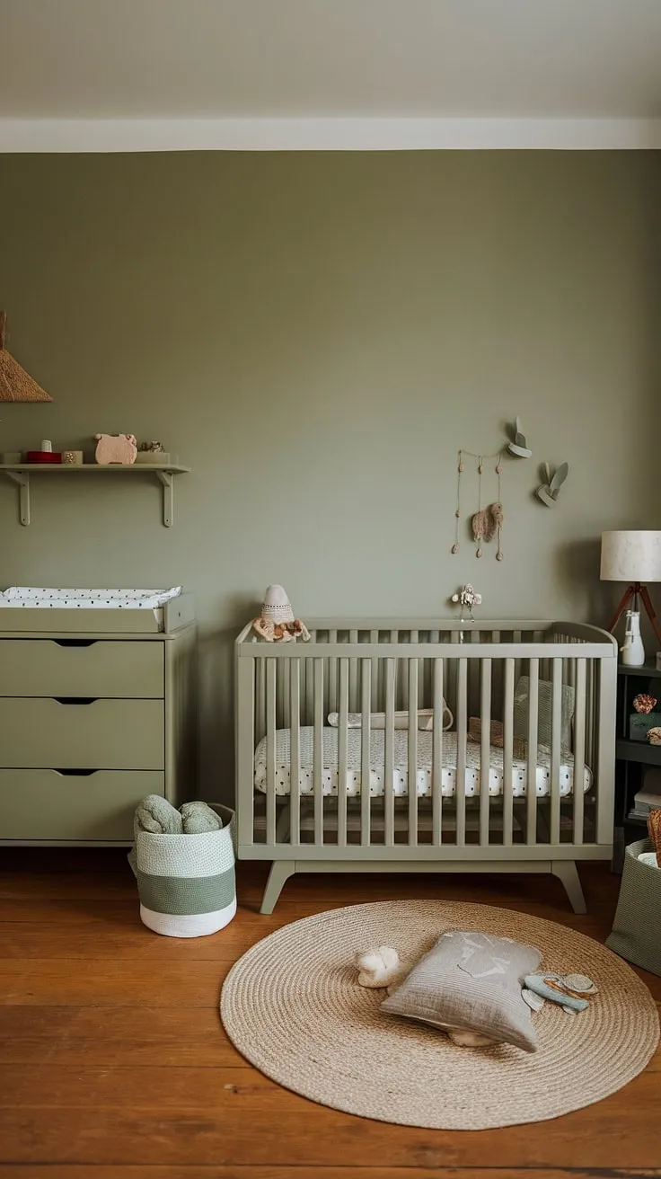 This sage green nursery features olive green furniture and a calming accent wall, creating a perfect space for newborn bedroom ideas and a stylish sage green baby nursery for boys.