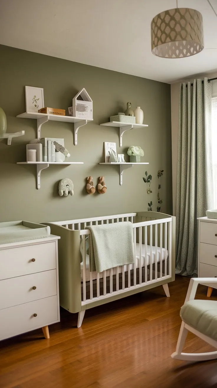 This charming sage green nursery features olive green furniture, a stylish accent wall, and white decor, making it an ideal space for newborn bedroom ideas and a cozy sage green baby nursery for boys.