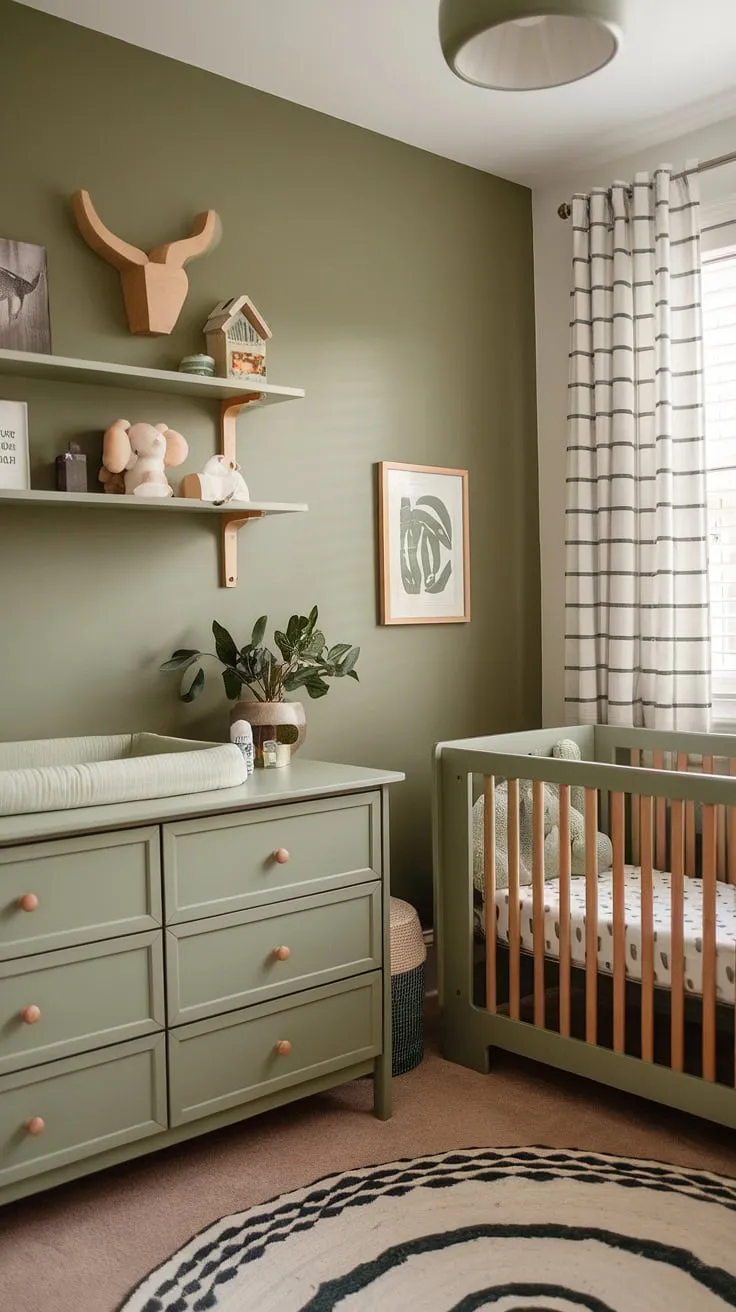 This beautifully designed sage green nursery features olive green furniture and a striking accent wall, making it an ideal space for a baby nursery or sage green kids bedroom.