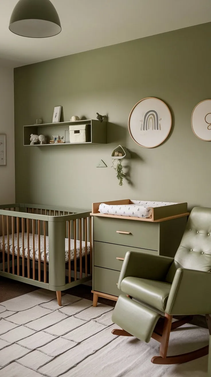 This charming sage green nursery for boys features olive green furniture, a cozy crib, and a soothing accent wall, making it an ideal space for newborn bedroom ideas.