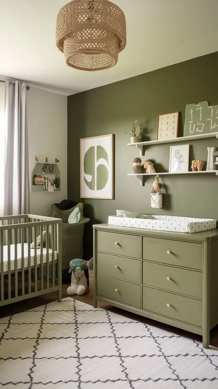 This stylish sage green nursery features olive green furniture and a vibrant accent wall, making it the perfect space for a boy's newborn bedroom.