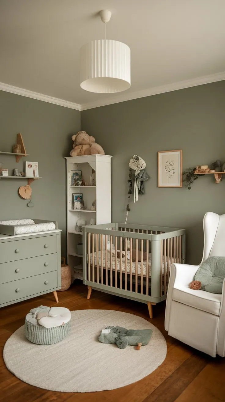 With its sage green baby nursery theme, olive green furniture, and inviting accents, this room is perfect for a green boys nursery.
