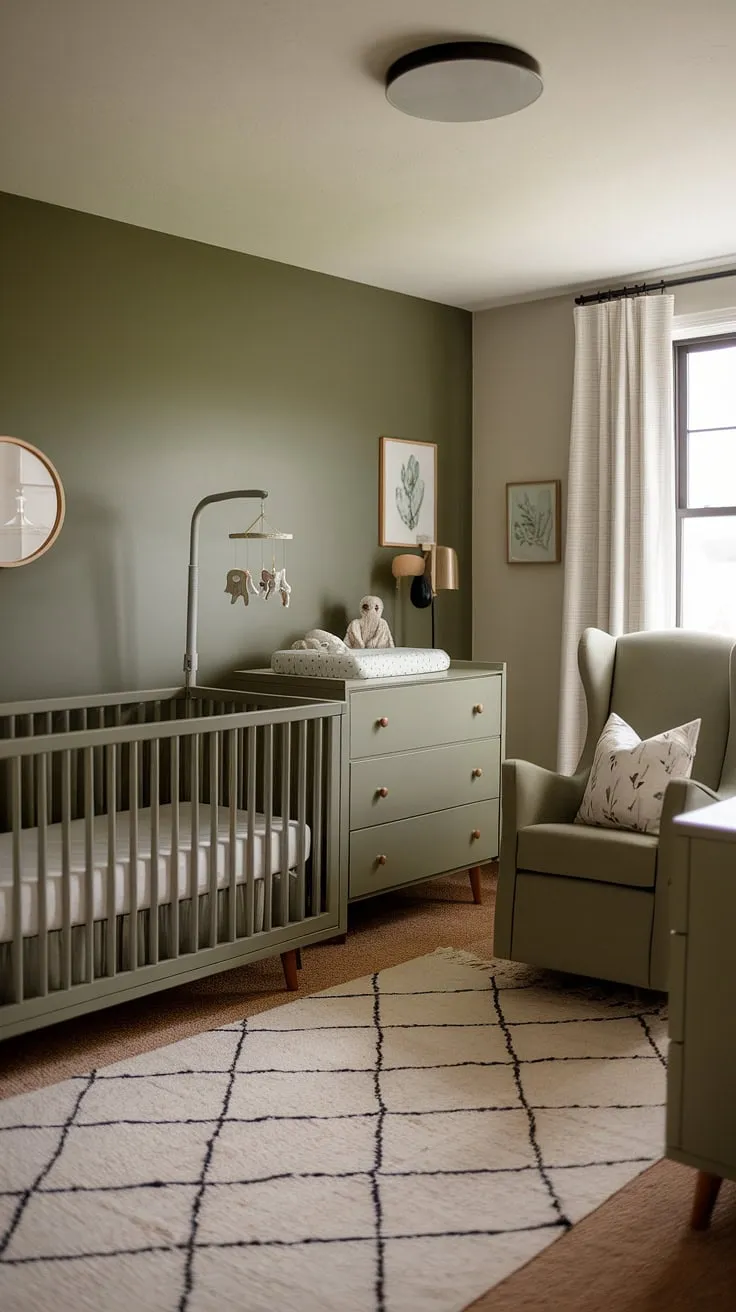 With olive green nursery furniture and a soothing green accent wall, this sage green kids bedroom offers inspiring ideas for a tranquil green boys nursery.