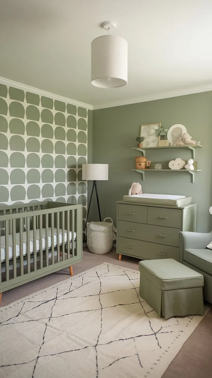 The beautifully designed sage green baby nursery showcases olive green furniture and a patterned accent wall, making it an ideal setting for a green boys nursery.