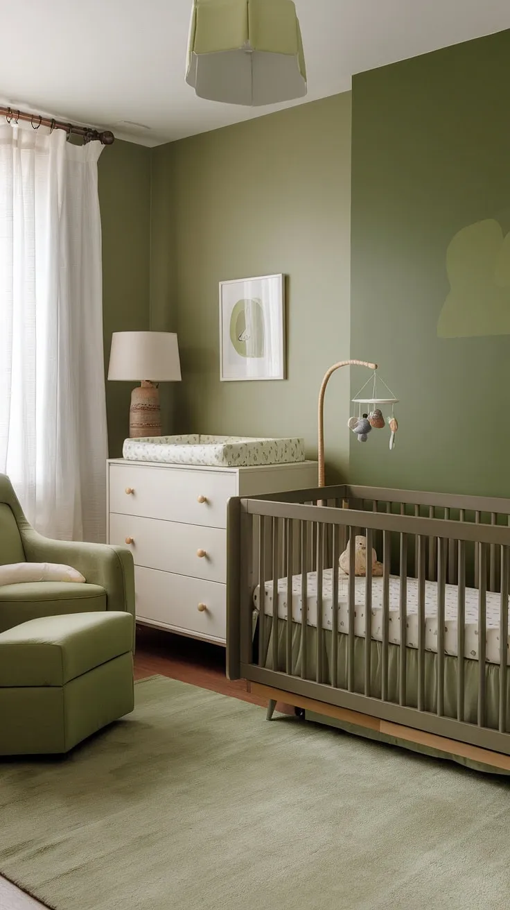 The beautifully designed sage green baby nursery showcases olive green furniture and a green accent wall, perfect for inspiring newborn bedroom ideas.