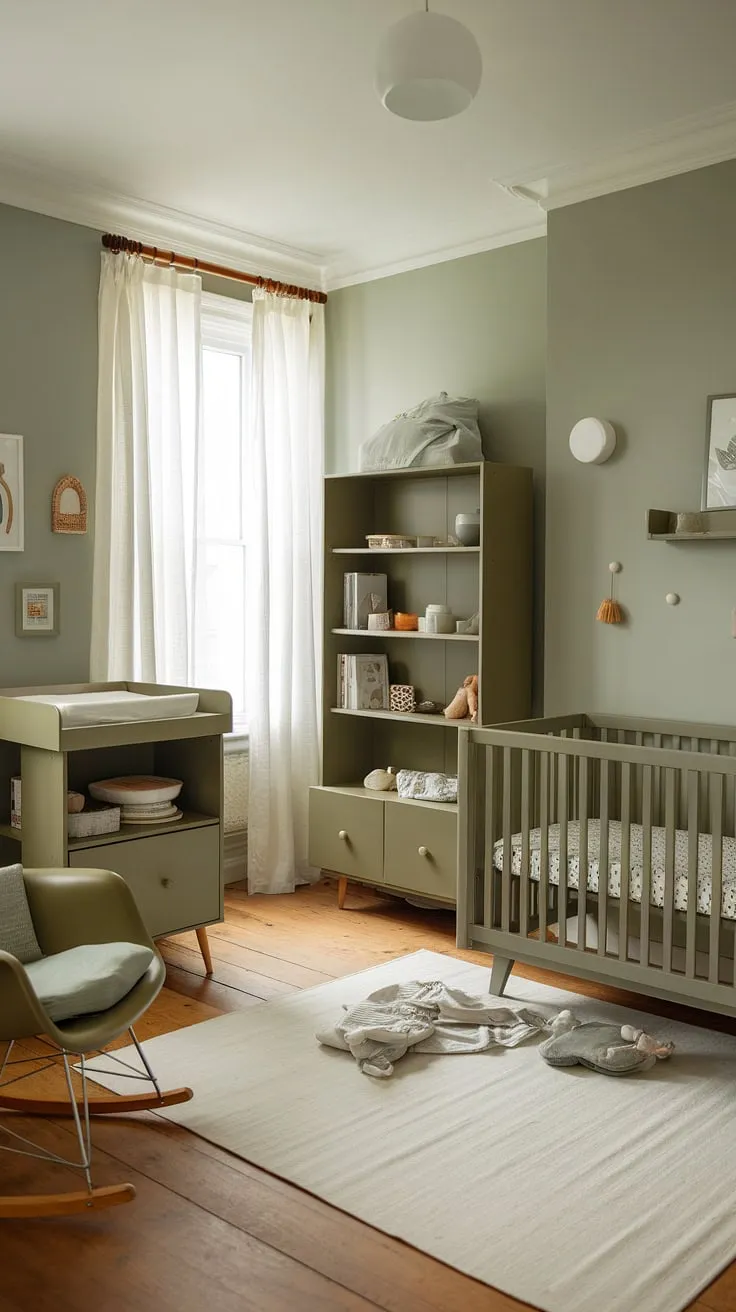 With its soft sage green walls and olive green nursery furniture, this tranquil space showcases perfect green nursery paint colors for a chic sage green kids bedroom.