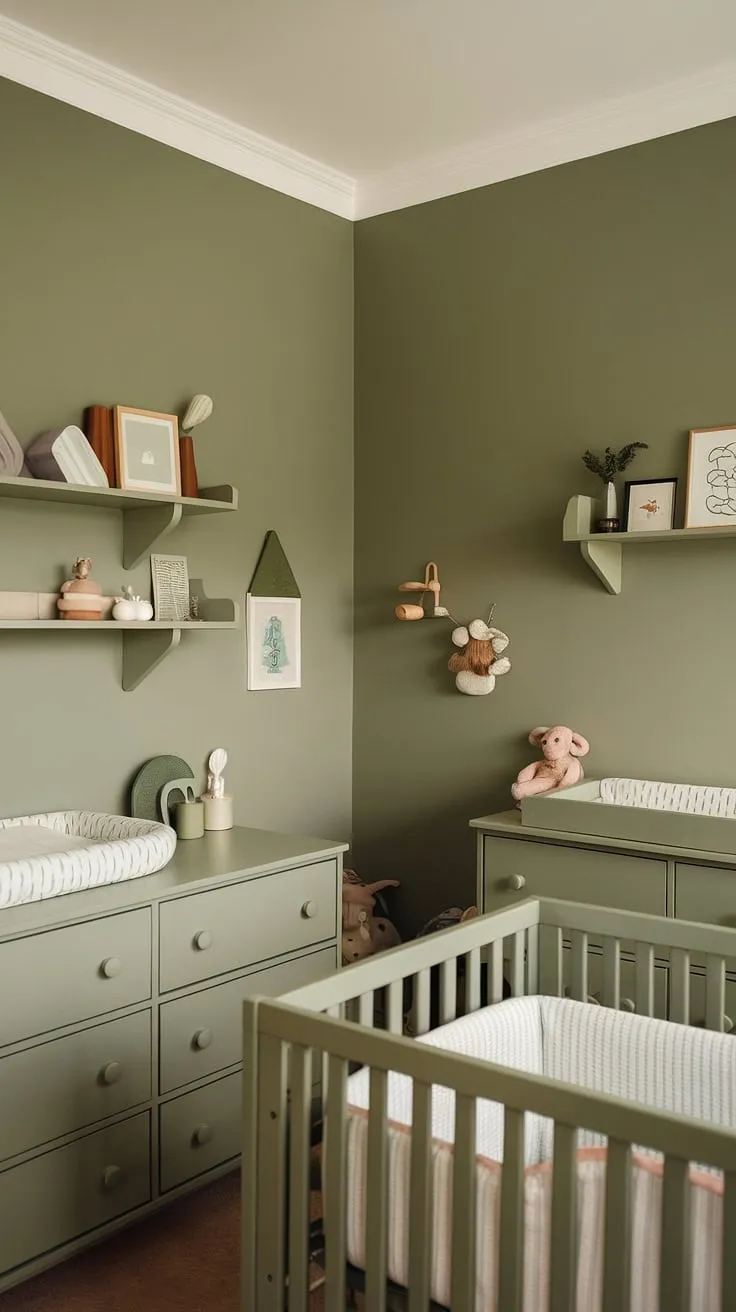 This beautifully designed sage green nursery features olive green furniture and a calming accent wall, making it an ideal space for newborn bedroom ideas and a stylish sage green baby nursery for boys.