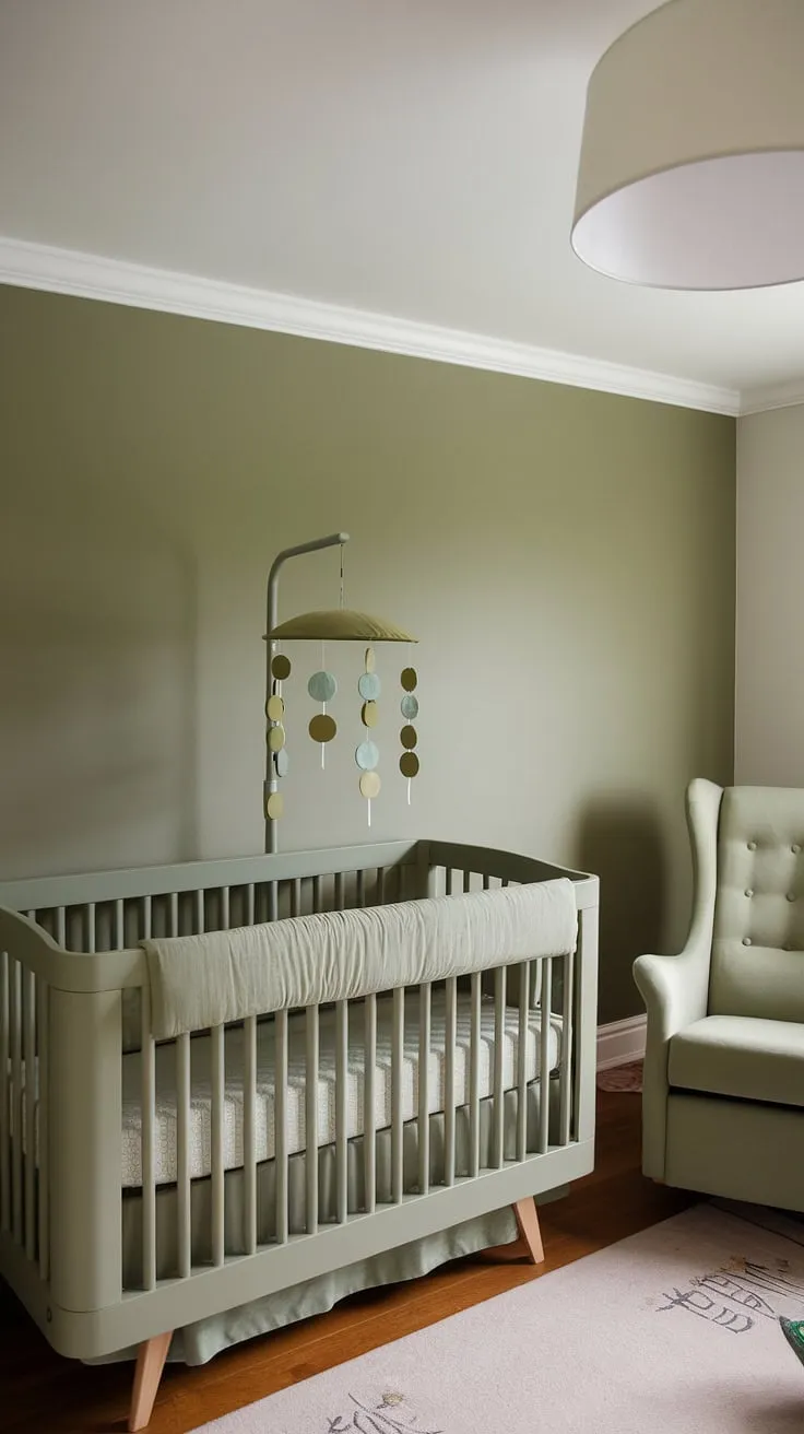 This charming sage green nursery features olive green furniture, a cozy crib with matching bedding, and a stylish accent wall, making it an ideal space for newborn bedroom ideas.