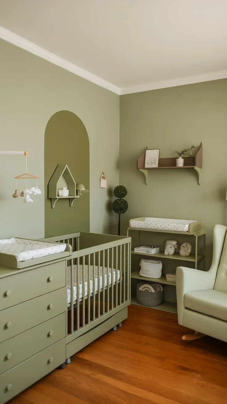 This charming sage green nursery for boys features olive green furniture, a cozy crib, and a stylish green accent wall, making it an ideal space for newborn bedroom ideas.