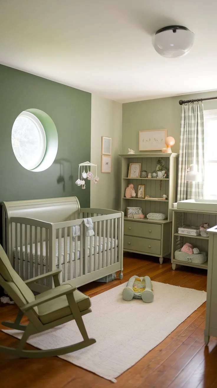 This charming sage green nursery features olive green furniture and a cozy layout with a crib, rocker, and changing table, perfect for inspiring newborn bedroom ideas.
