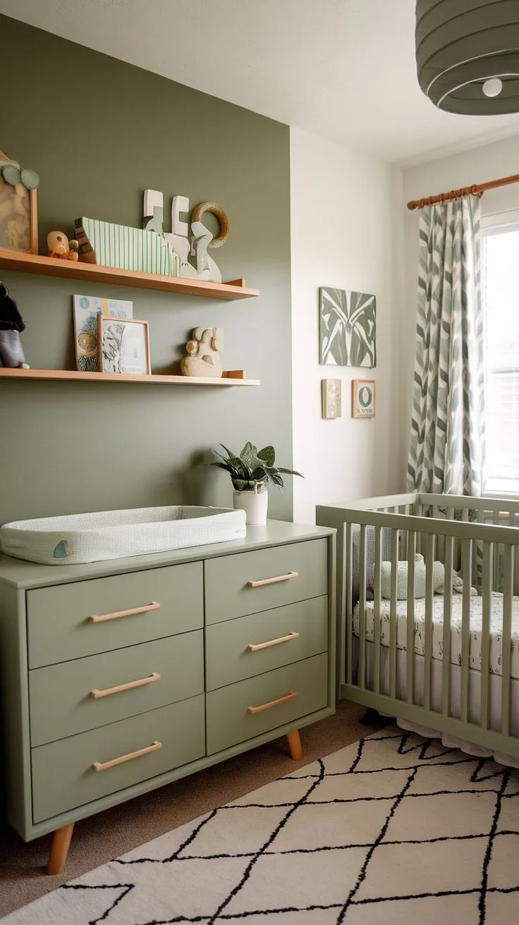 This stylish sage green nursery for boys features olive green furniture and a striking accent wall, making it a perfect choice for newborn bedroom ideas.