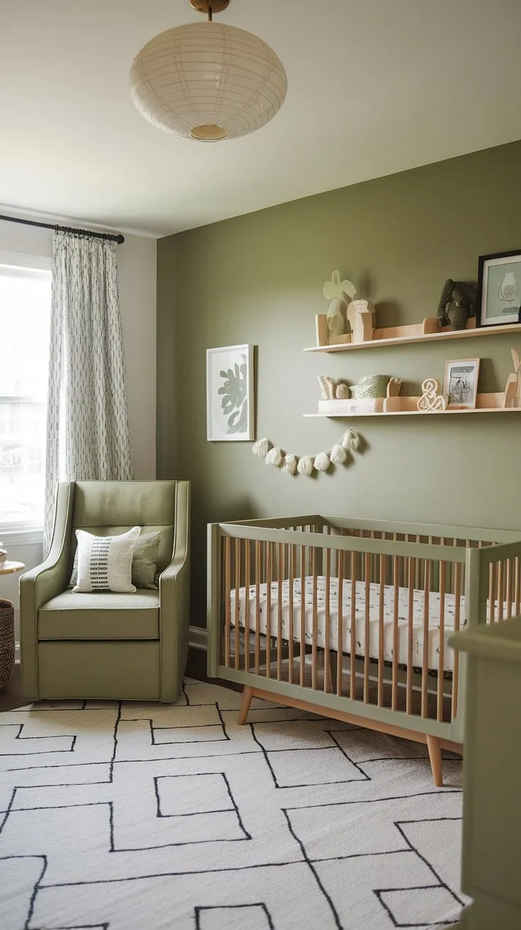 Create a cozy sage green baby nursery with olive green furniture and a striking accent wall, ideal for a modern sage green kids bedroom.