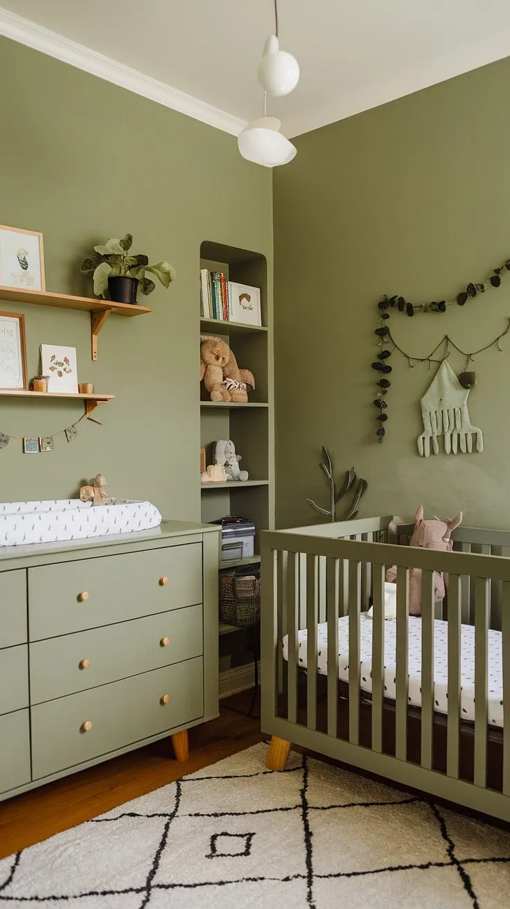 The delightful sage green baby nursery showcases olive green furniture and a green accent wall, ideal for creating a cozy space for boys.