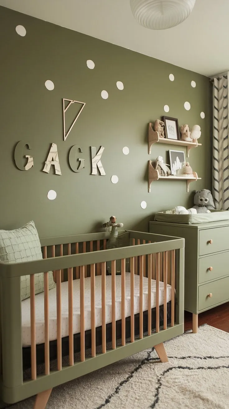 The beautifully designed sage green baby nursery showcases olive green furniture and a striking accent wall, perfect for creating a cozy green nursery for boys.