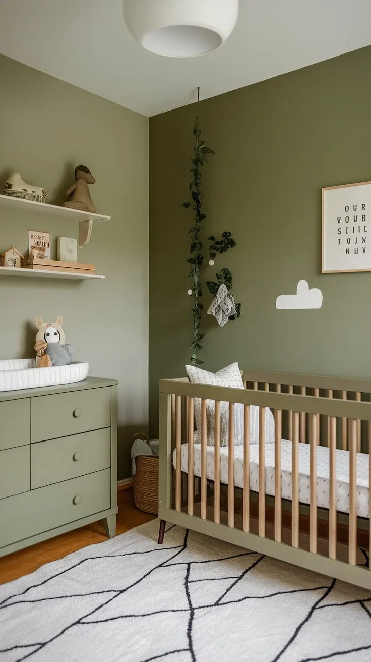 This charming sage green nursery for boys features olive green furniture and a stylish accent wall, creating a perfect space for newborn bedroom ideas and a cohesive sage green kids bedroom theme.
