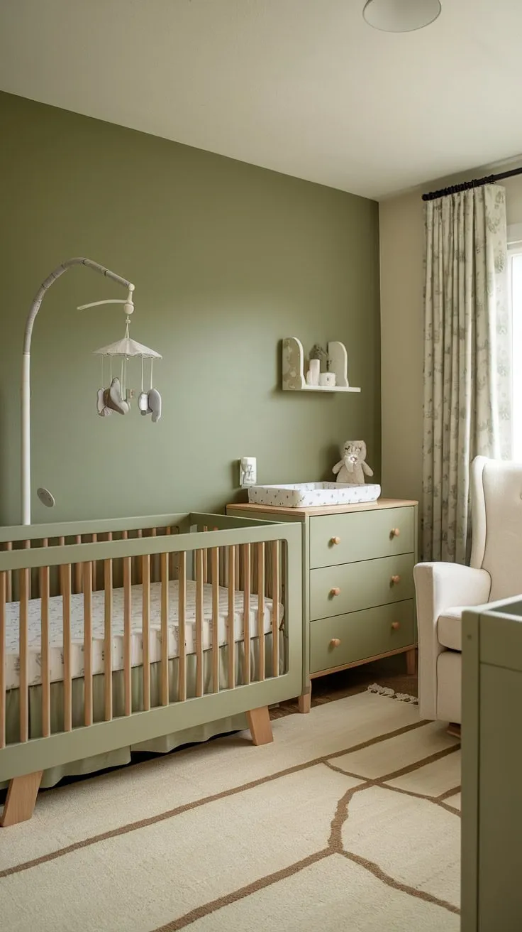 With its sage green walls, olive green nursery furniture, and a cozy white crib, this baby nursery creates a tranquil environment perfect for a sage green kids bedroom.